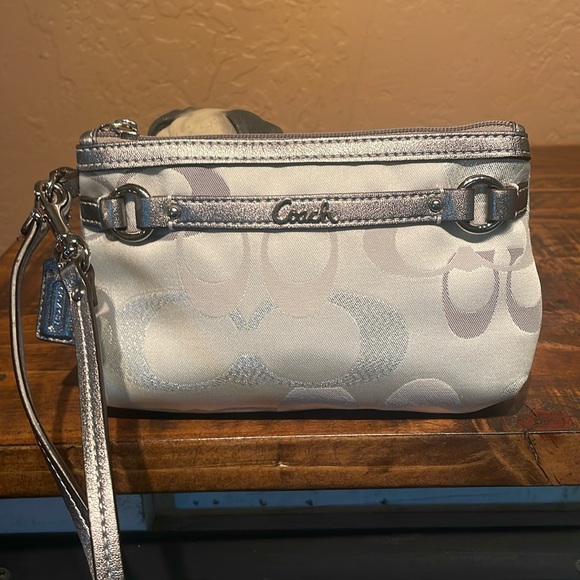 Coach Handbags - NWOT Coach Silver Sateen & Metallic Silver Leather Trim Wristlet